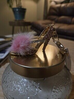 NWT Pink Rhinestone High Heel Keychain & Bag Charm with Fur Pom Pom